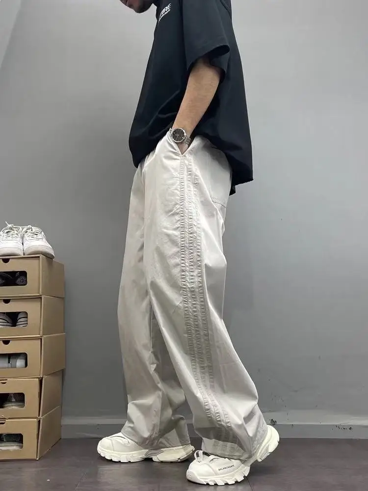 

Trendy Side Stripe Straight Leg Pants Loose Men's Casual Qui Dry High Street Sle Wide Leg Trousers Spring Autumn Faion