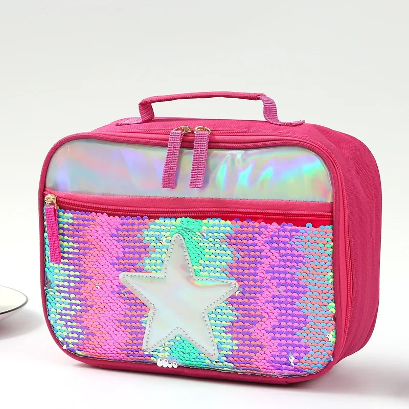 High Quality Fashion Waterproof Reverse Sequin Insulated Kids Girls Boy Lunch Box Glitter Tote Bag Cooler Picnic Pouch for Food