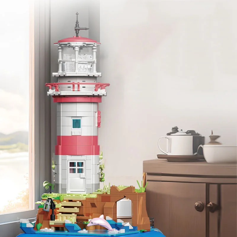 Creative Street View Island Lighthouse Music Box Mini Block Streetscape Building Brick Model Toy Collection With Light For Gift