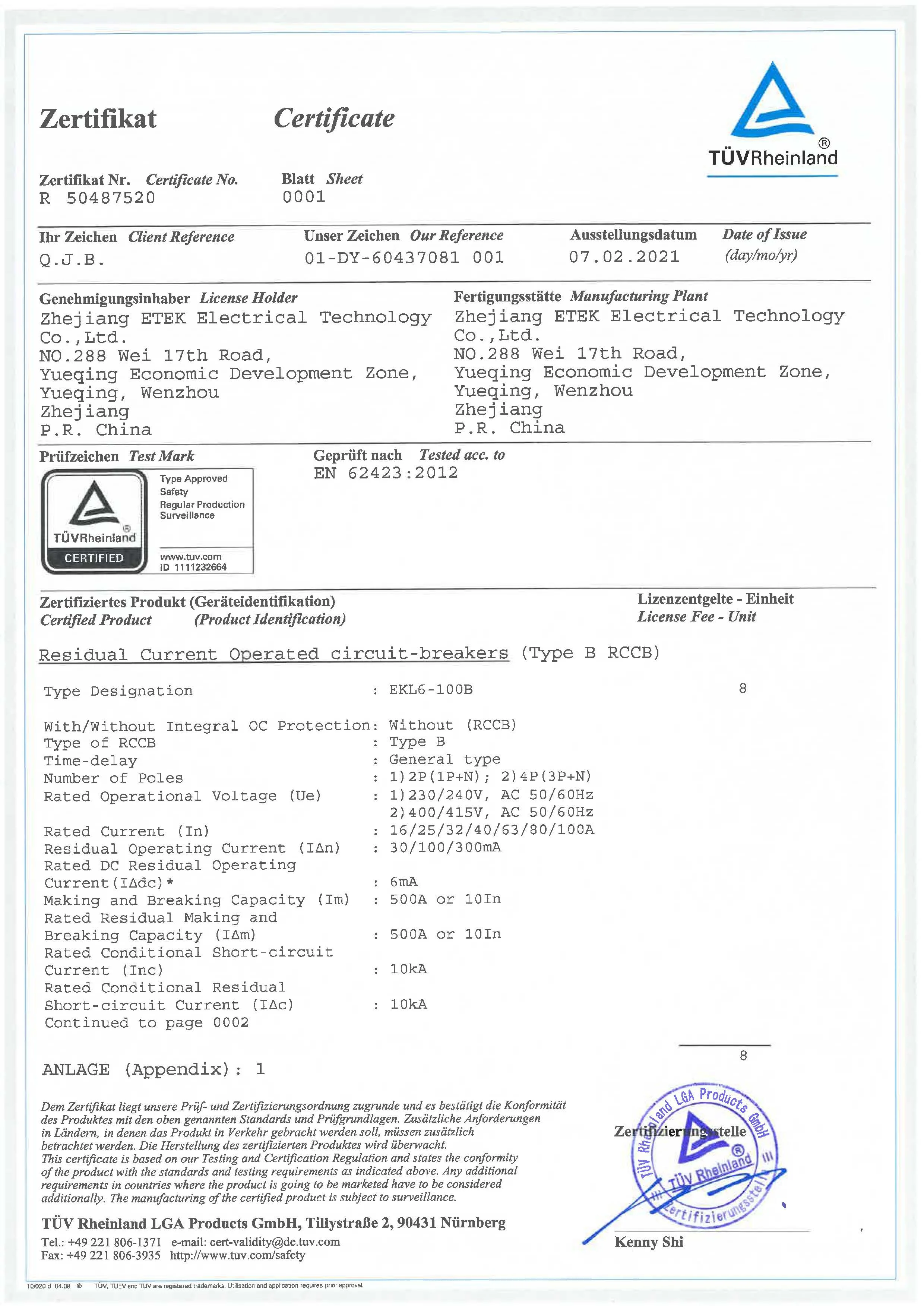 ETEK EKL6-100B TUV dopuszczenie CE 10KA 3P + N 40A 30mA typ B RCCB RCD ELCB