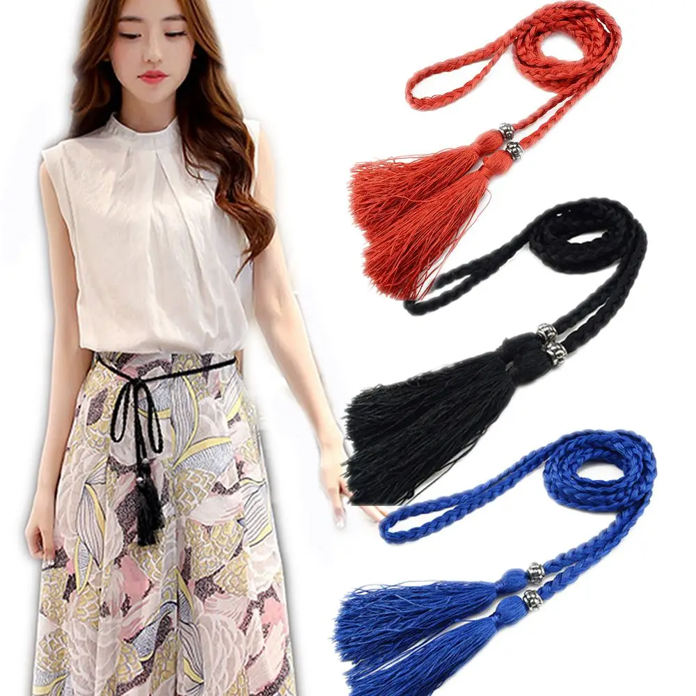 

Women Thin Waistband Bow Tassle Woven Rope Waist Rope Tassles Belts Braided Belts Waist Chain