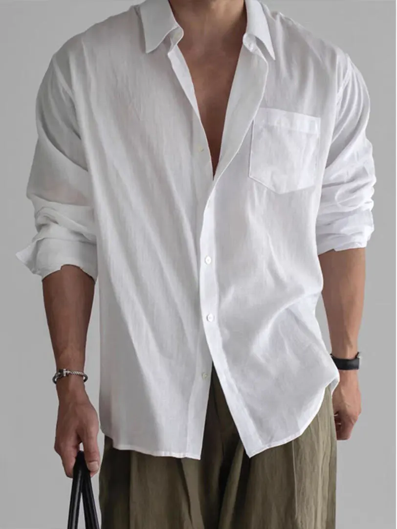 Cotton Linen Men's Shirt Thin Breathable Loose Long Sleeve Sun Protection Open Cardigan Turn-down Collar Linen Work Shirt Loo...