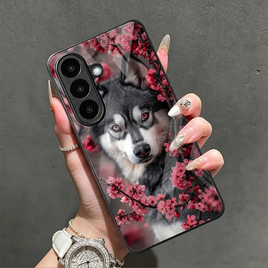 Coque de téléphone en verre avec motif loup et fleurs de cerisier pour Samsung Galaxy S26 Ultra S22 S24+ S23 FE 24 Plus S21 S25+ S20 25 Edge S23+