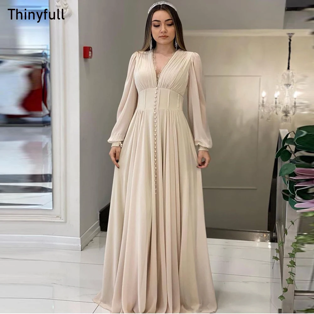 Thin full a-line Chiffon elegantes Ballkleid V-Ausschnitt Langarm Abendkleid 2023 Frauen formelle Gelegenheit Party kleid mit Knopf