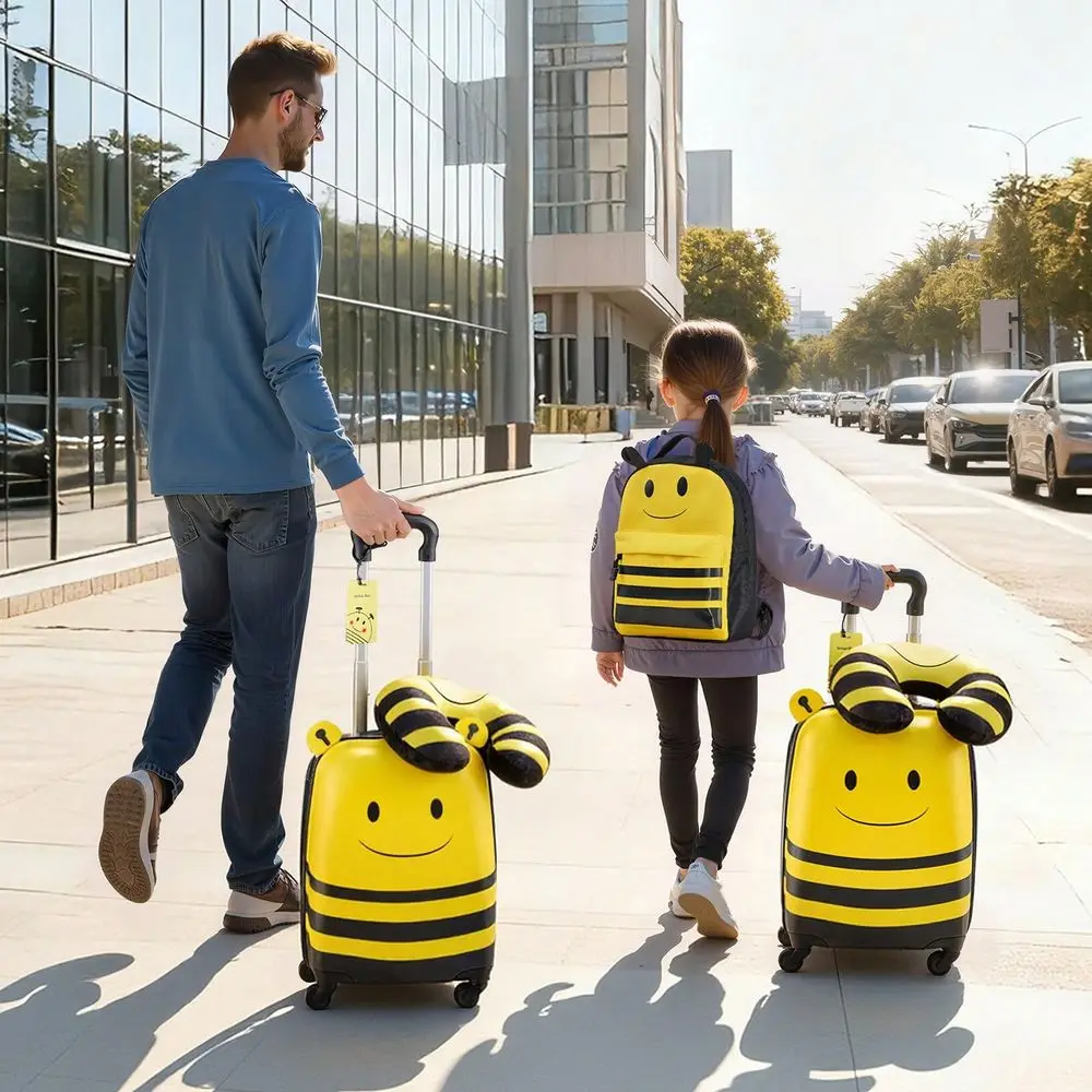 Luggage Set, 5 Piece, 18 Inch Hardside Rolling Wheels Suitcase With Backpack UShape Pillow, Bee Kids Carry On Luggage Set, Holi
