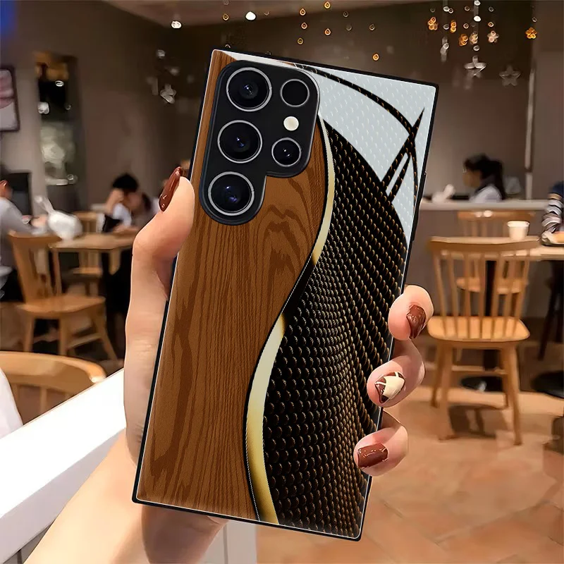 Textured Wood-grain Streamlined Pattern TPU Glass Phone Case, Suitable for Samsung S26/S25/S24/S23/S22/S21/S20 and other models.
