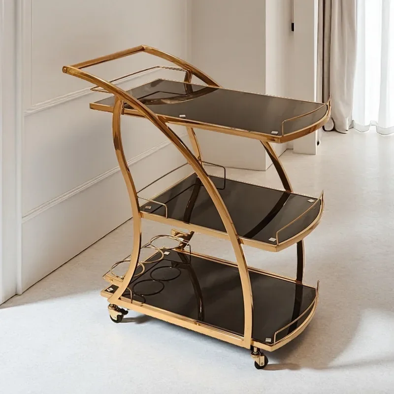 Light luxury high-end dining car Stainless steel three-layer storage rack Movable trolley Hotel restaurant Wine cart