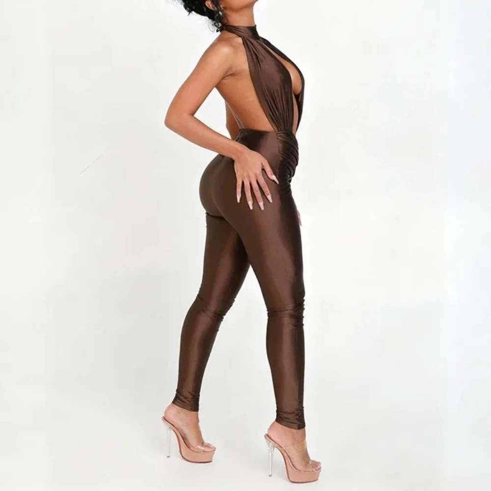 

Women Sexy Cross Ruched Backless Backless Halter Skinny Jumpsuits Hollow Out Sleeveless Peach Hips Slim Night Club Overalls