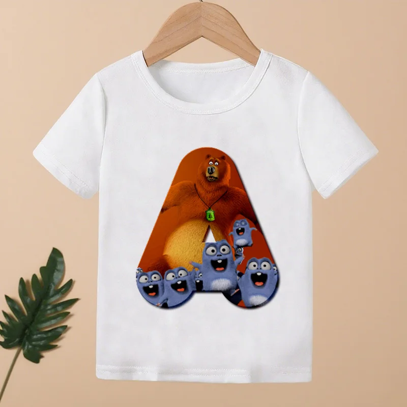 Sunlight Grizzy Bear 26 Alphabet A B C D E Print Cartoon Kids Funny T shirt Long Sleeve Baby Boys Girls Clothes Children T-Shirt