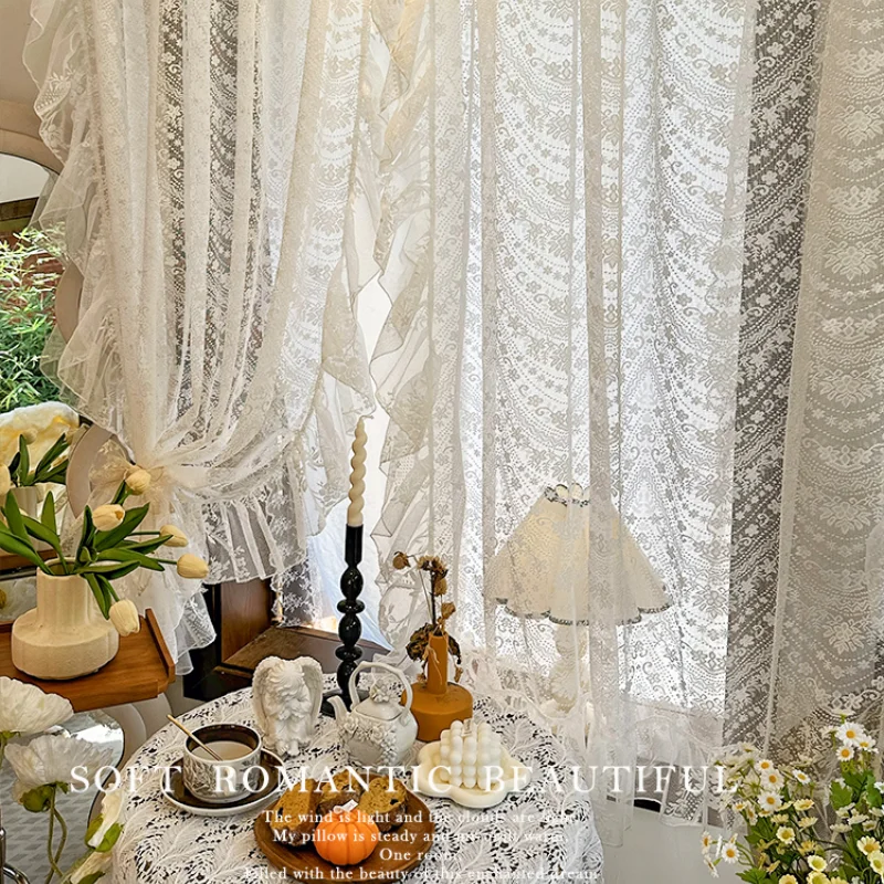 

French Romantic Lace Ruffle White Tulle Luxury Sheer Short Curtains for Living Room Bedroom Dining Bedroom Window Partitior Door