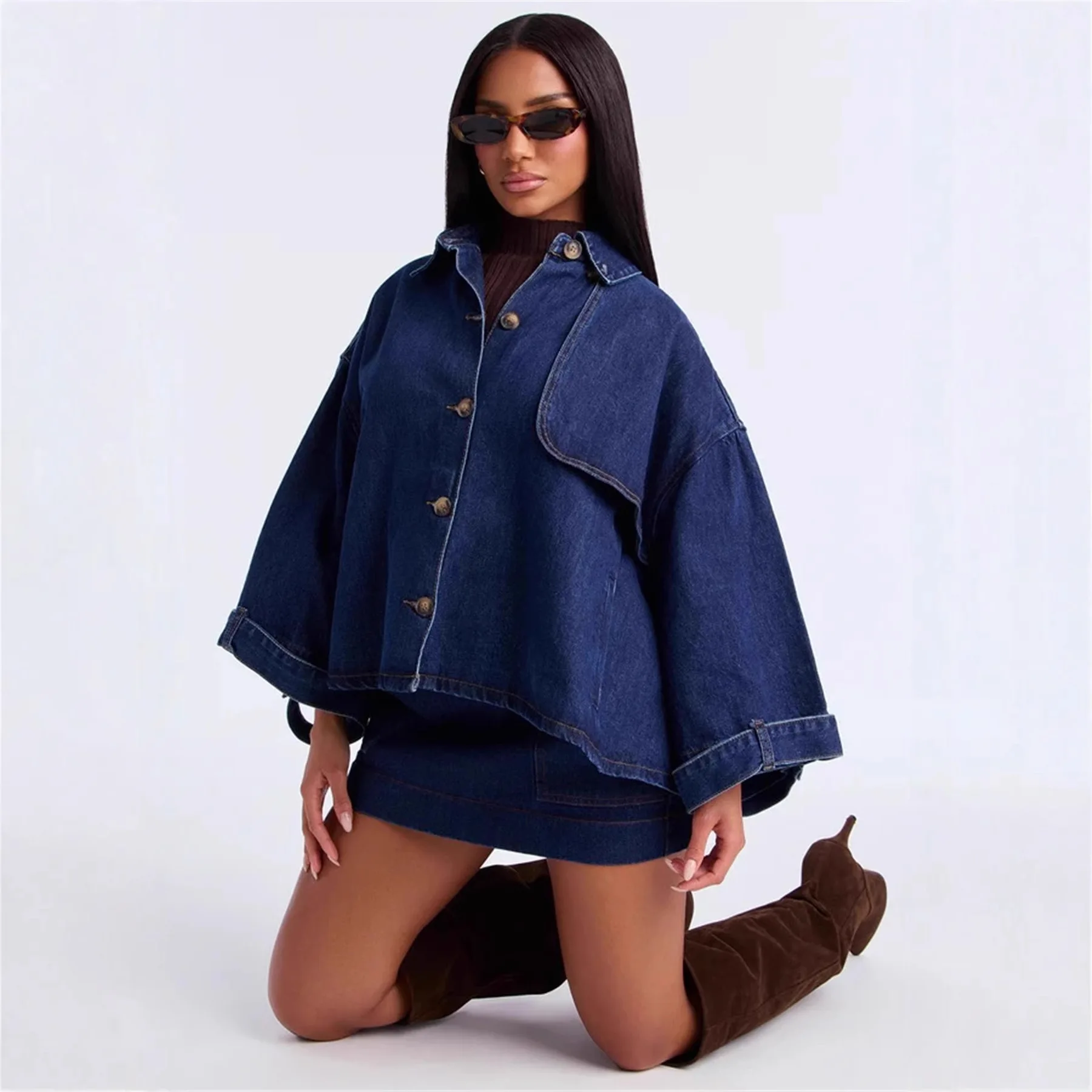 

2026 Hot Selling Irregular Cape Style Oversized Denim Jacket Women's Casual Loose Jean Coat