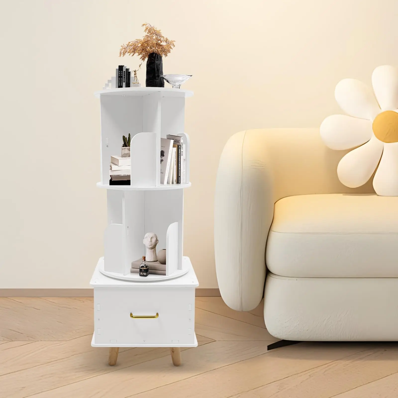 

360 ° Rotating Bookshelf, 3-Tier Floor Standing Bookcase with Drawer, Multi-Functional Corner Storage Rack Bookshelf Organizer For