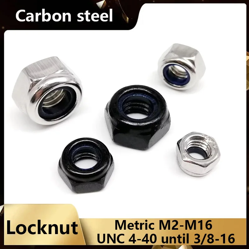 Steel Nylon Lock Nuts,White/Black Zinc,Ni‑Plated,Black‑Nickel,M2‑M16 & UNC 4‑40‑3/8‑16,Self‑Locking Anti‑Vibration Hex Nuts