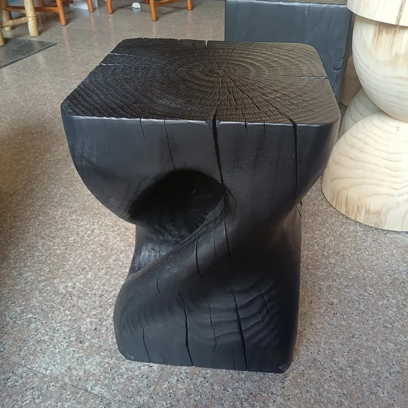 Black solid wood stool living room ornament, tree stump homestay creative log edge few round stool sitting stool