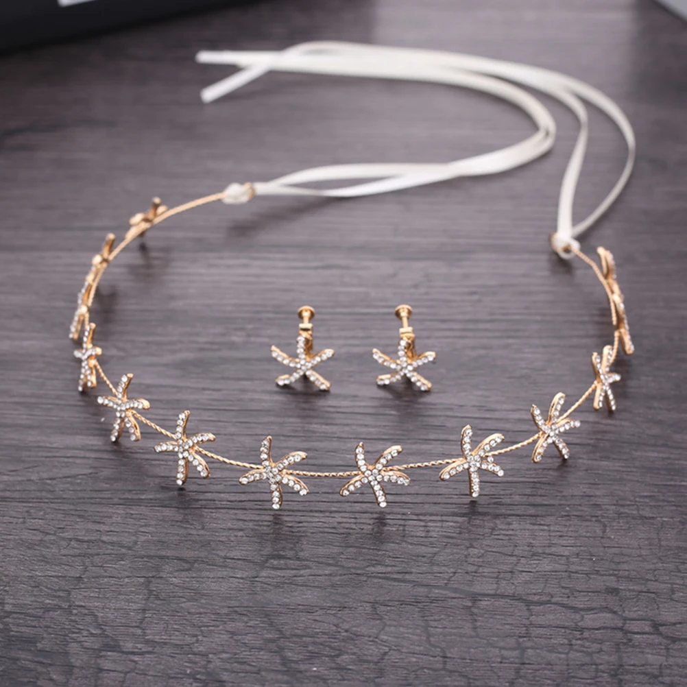 

Elegant Bridal Headband Earring Set Rhinestone Sea Star Design Wedding Hairpiece Accessories Bride Women Party