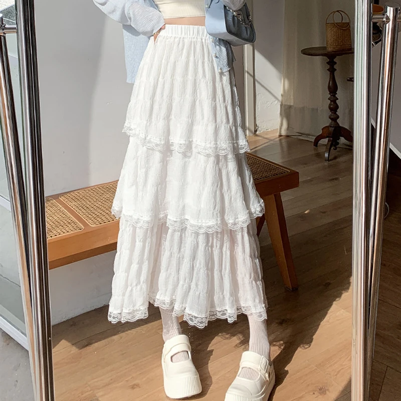 

Милые кружевные пышные юбки с тортом, весна-лето, модные многоуровневые плиссированные подол, однотонная длинная юбка, корейские праздничные юбки трапециевидной формы с высокой талией