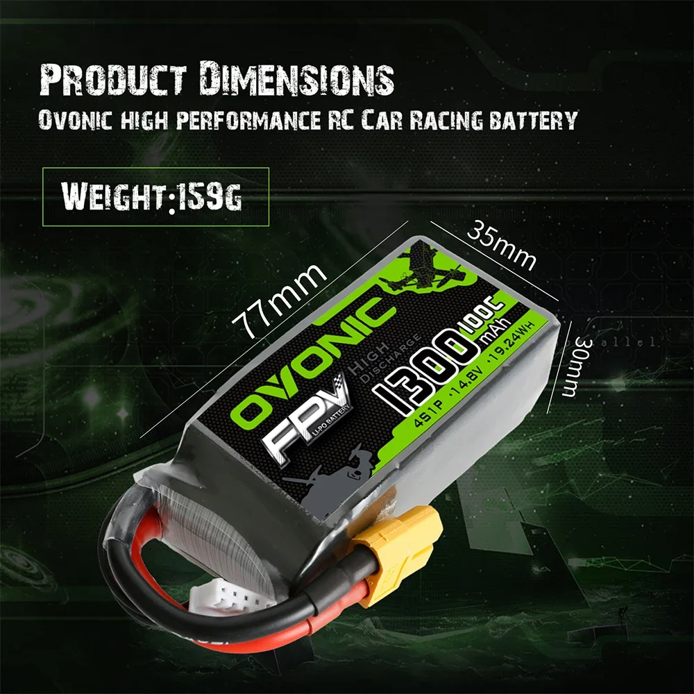 OVONIC 4s 1300mAh 100C Max 200C Lipo 4S1P  Battery with XT60 Connector for 250 FPV Frame RC Drone Heli Quad Boat