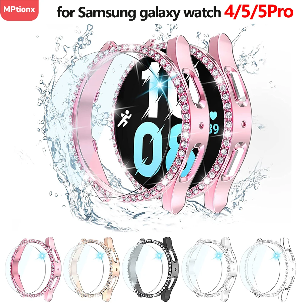 Glass+Watch Cover For Samsung Galaxy Watch 5 40mm 44mm and 5 Pro 45mm Hard PC Diamond Bling Case Bumper+Glass Screen Protector