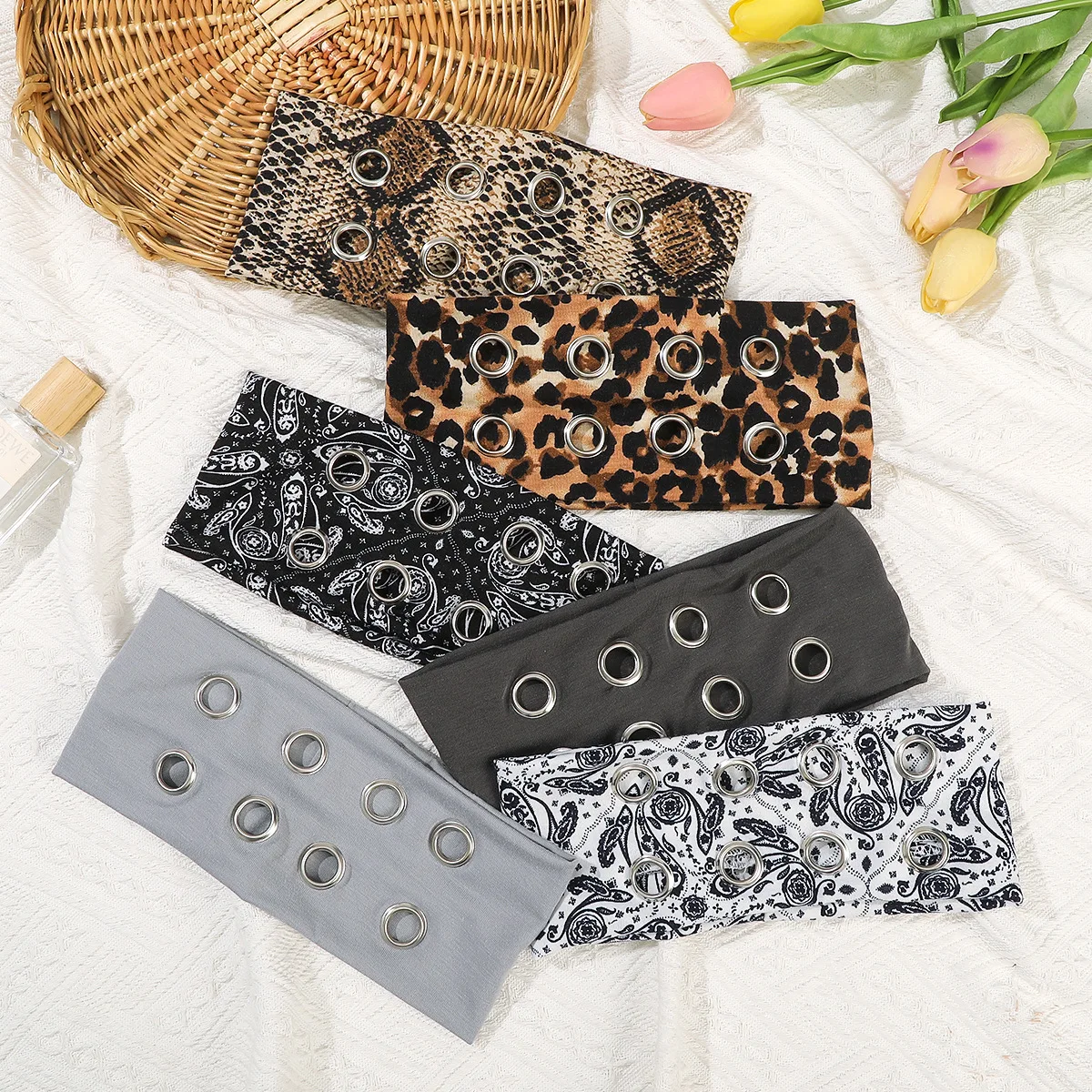 

European and American Punk-Style Metal Circle Hip-Hop Headband, Korean-Style Headscarf, Solid-Color Leopard-Print Headband