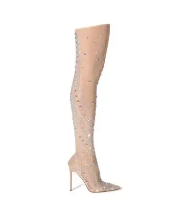 Luxury Women Nude Mesh Bling Crystal Rhinestone Pointed Toe 10 12 CM Thin High Heel Slim Over The Knee Thigh Long Socks Boots