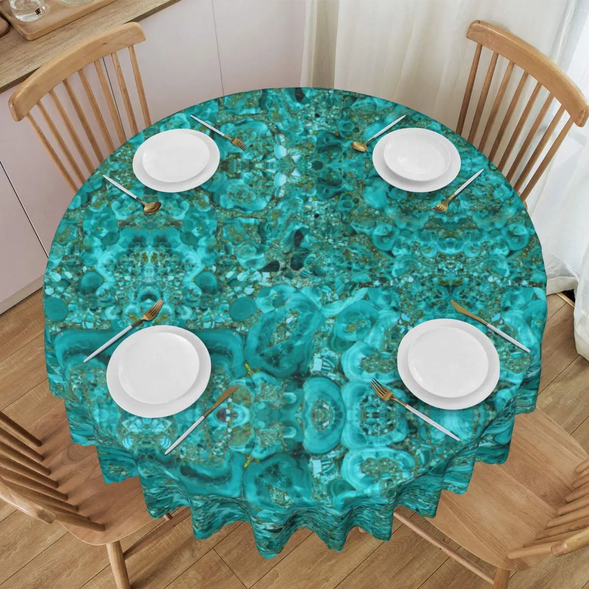 Marble Turquoise Blue Gold Round Tablecloths 60 Inch Modern Abstract Pattern Table Covers for Parties Table Cloth