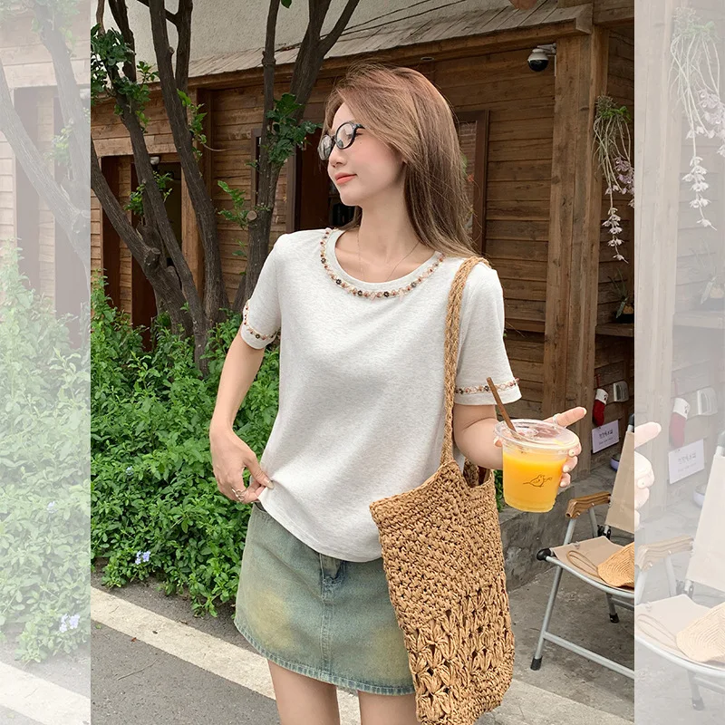 Korean Style Unique Beaded Design Niche Right Shoulder Short Sleeve Round Neck T-Shirt for Women Summer Beautiful New Unique