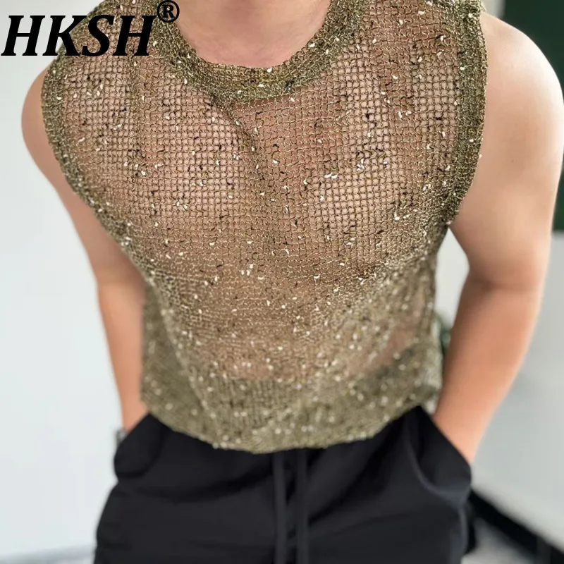 

HKSH Summer New Nightclub Men's Sexy Knitted Sleeveless T-shirt Chic Ins Tank Top Hollow Out Mesh Vest Party High Street HK11190