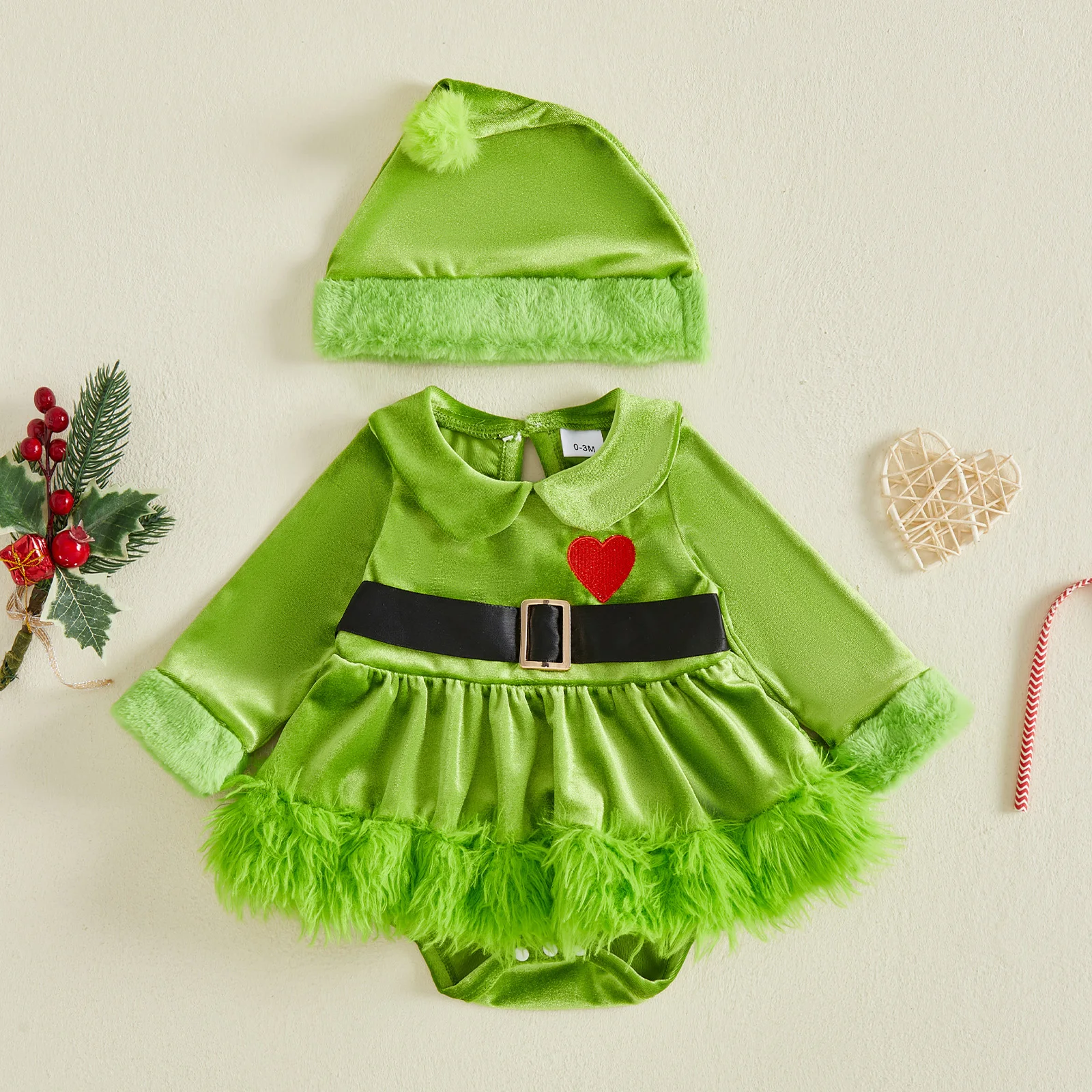 Baby Girl Christmas Outfit Green Monster Romper Dress Hat Cute Baby Winter Velvet Bodysuits Xmas Costume 2 Piece Set
