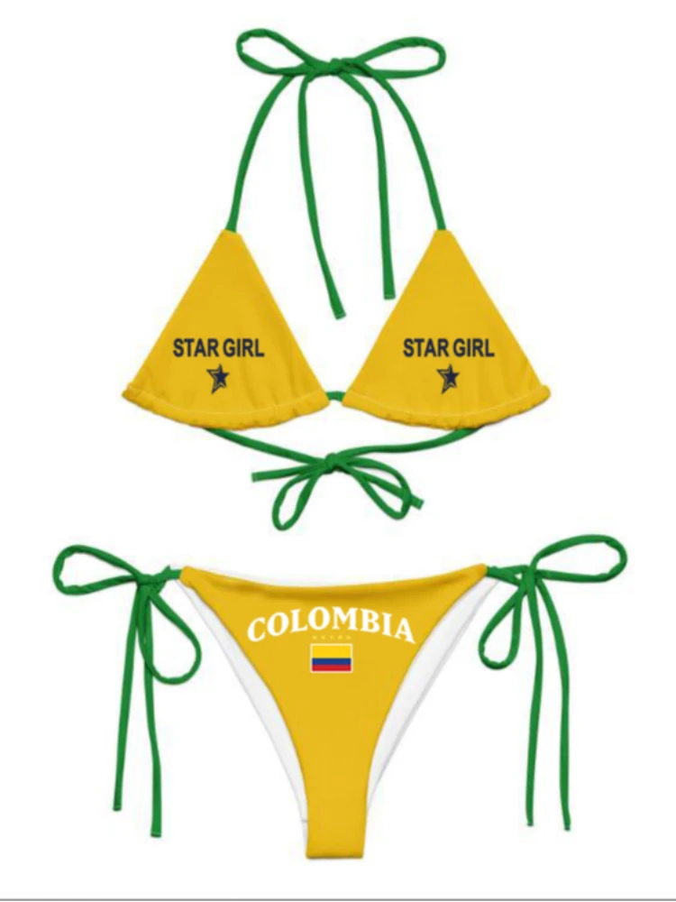 Printed letters, national flag color comparison, split bikini set, women's swimsuit patch swimsuit, hot suit, summer beach outfi