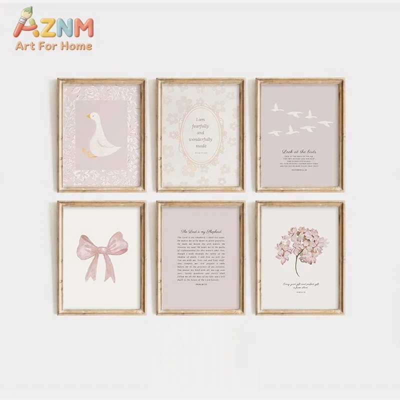 AZNM Pink Bow Floral Duck Canvas Wall Art, Bible Verse Scripture Soft Pastel Nursery Art Print, Unframed Canvas Painting for Gir