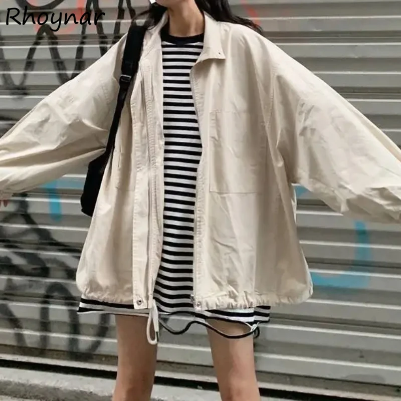 

Solid Jackets Women Stand Collar Wind-proof Students Basic Outwear Loose Unisex Fashion Boyfriend Autumn Females Leisure Daily