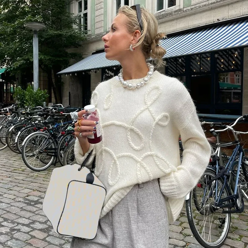 Trendix Winter Pink Knit Pullover For Women Fashion Embroidery O Neck Long Sleeve Sweater Street Loose Casual Knitwear Pullovers
