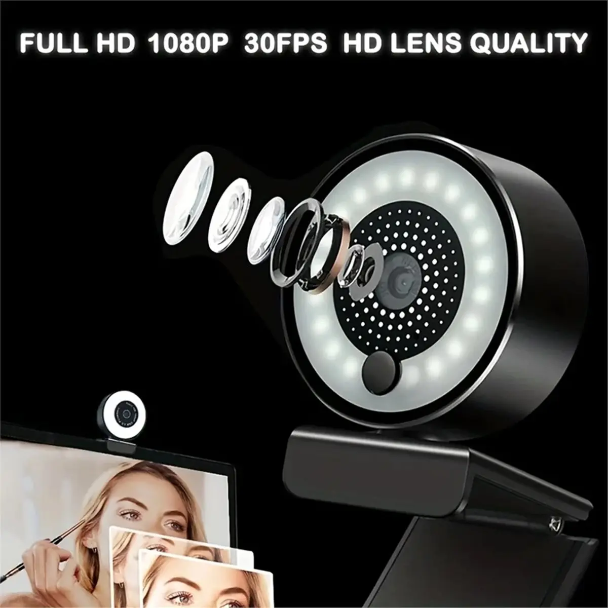 DT81 1080P FHD USB Webcam with Ring Light, Fixed Focus, 360° Rotation, Plug & Play for Streaming, Video Calls