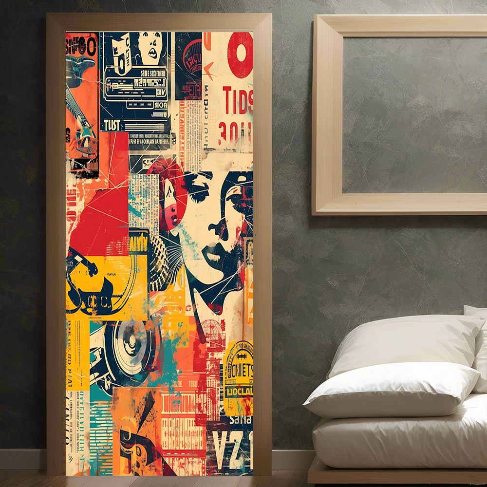 Retro Vintage Billboard Collage Door Decal Full Door Covered Wallpaper Self-adhesive Sticker for Wall Decals Home Decoration