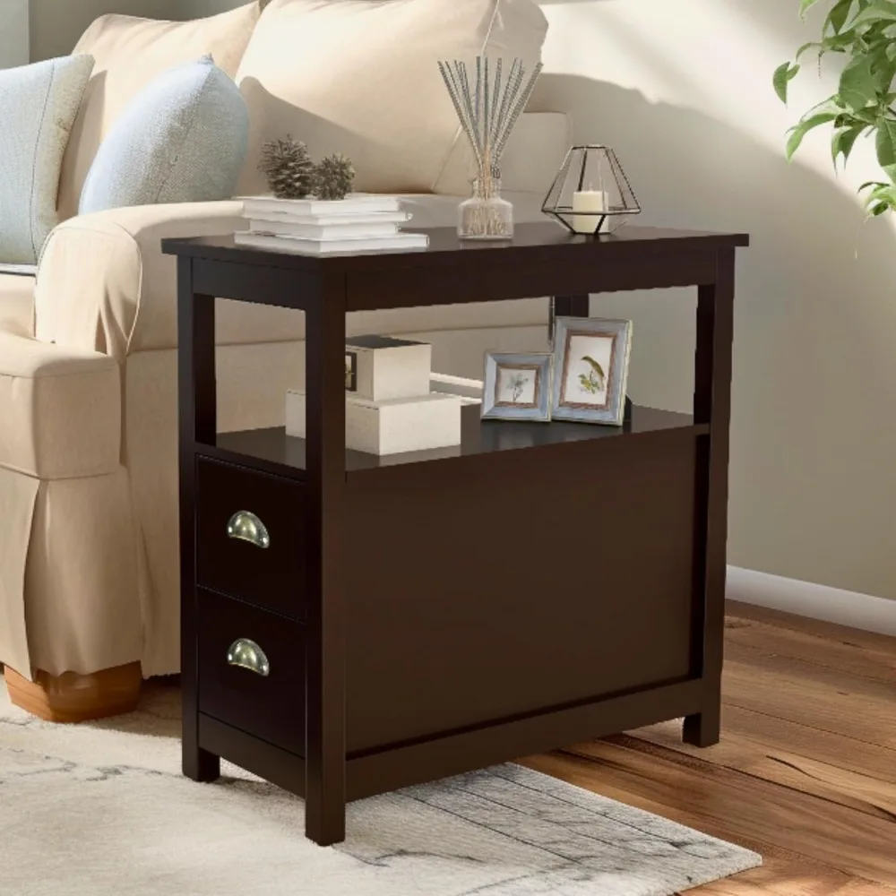 

Narrow End Table with Two Drawers & Open Shelf - Brown Nightstand/Side Table for Living Room, Bedroom