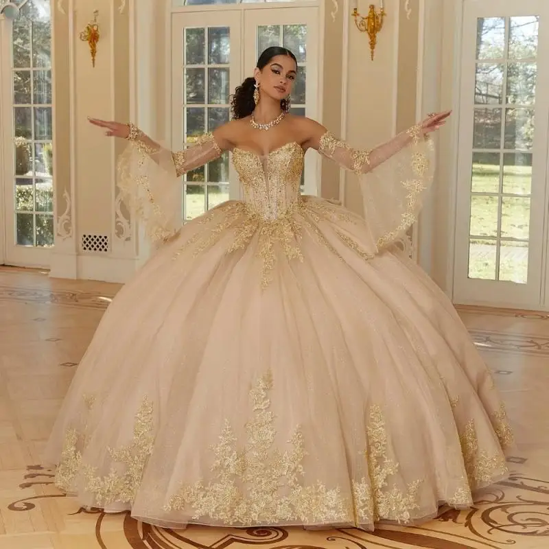 

Princess Champagne Quinceanera Dress Ball Gown Shiny Gold Lace Applique Beading Corset Sweet 16 Vestidos De 15 Anos