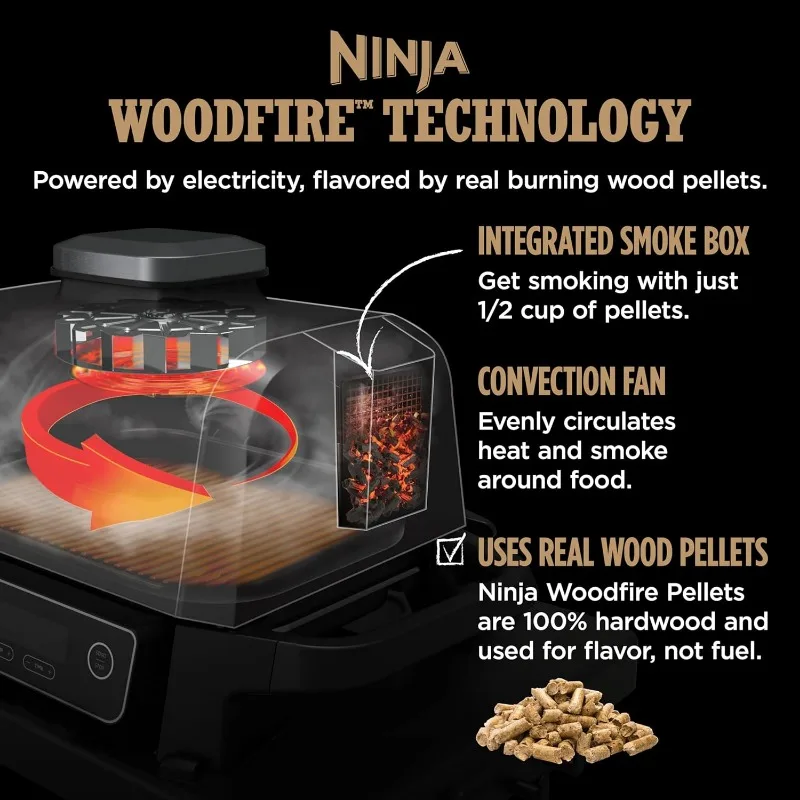 Ninja OG751BRN Woodfire Pro panggangan & pengasap luar ruangan dengan termometer bawaan, Pemanggang utama 7-In-1, pengasap BBQ, penggoreng udara, Pemanggang