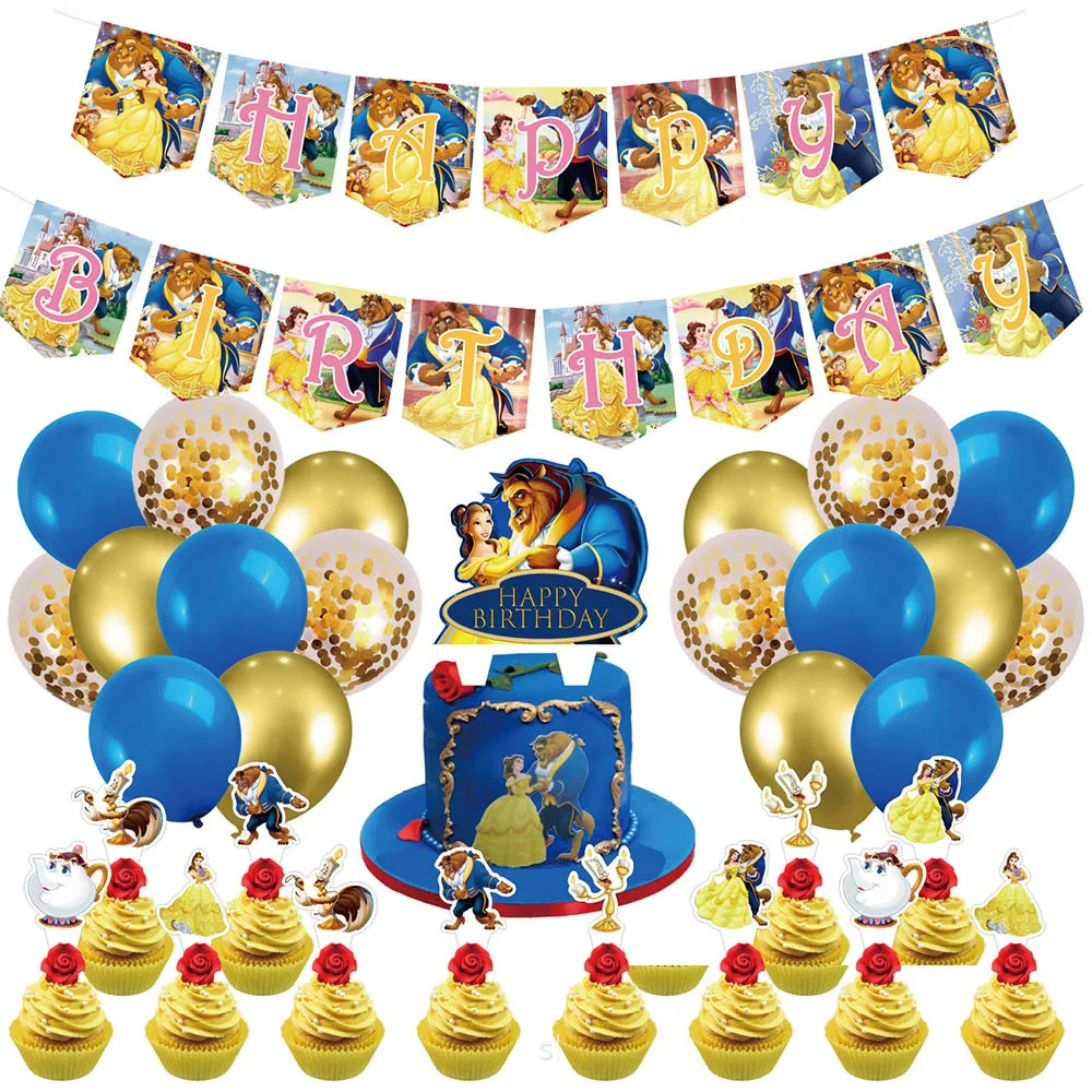 Beauty and the Beast Happy Birthday Party Supplies Balloon Backdrop Decoration Cake Topper Banner Wedding Home Decor Tapestry