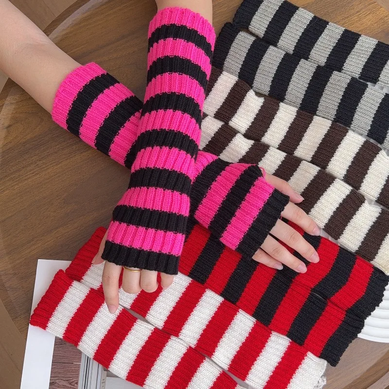 Japanese Y2K Harajuku Knit Arm Sleeves Gothic Punk Hollow Out Fingerless Gloves Girls Elbow Sleeve Covers Cosplay Accessories