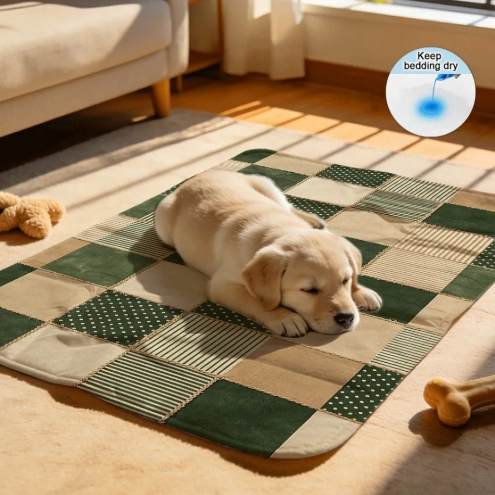 Trendy green beige patchwork squares Machine Washable Reusable Dog Training Mats Reinforced for Longevity