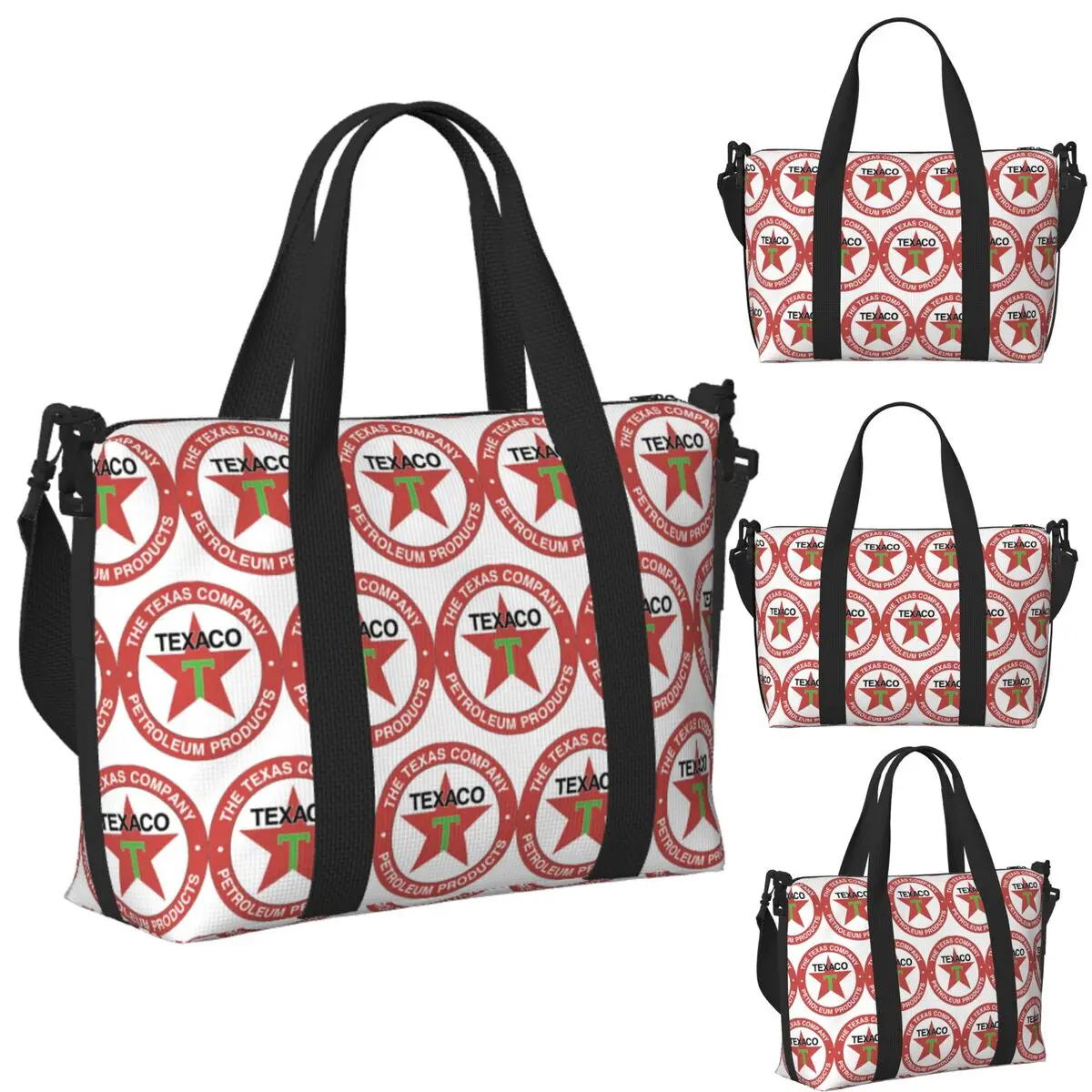 

Custom Vintage Texaco Logo Beach Travel Bag Large Capacity Tote Bags for Gym Sport Women Shopping Duffle Shoulder Bag