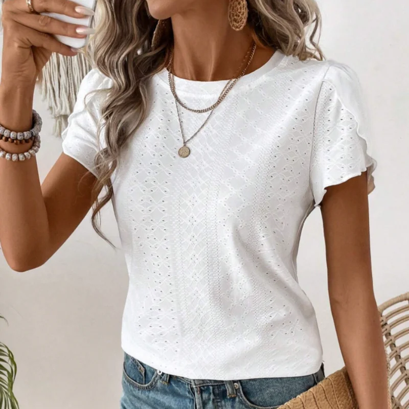 تي شيرت نسائي كاجوال بأكمام قصيرة بلون سادة مجوف ملابس نسائية صيفية للارتداء اليومي