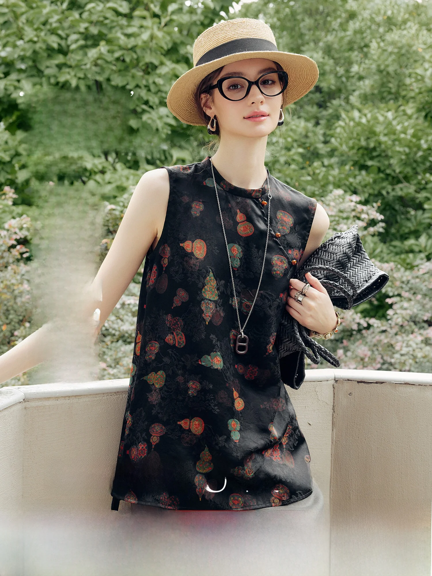 

NAGUAGU Pumpkin Valley Silk Flower Luo Fraant Cloud Silk Women's Svel irt Chinese Sle Gourd Design Summer Top