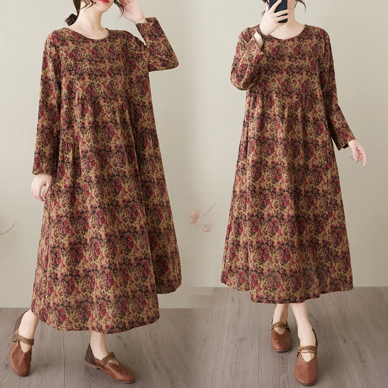 

Свободное платье с цветочным принтом, карманами, длинными рукавами и круглым вырезом из хлопка и льна, женское, А-силуэт, весна-лето, новый стиль, ретро-платье