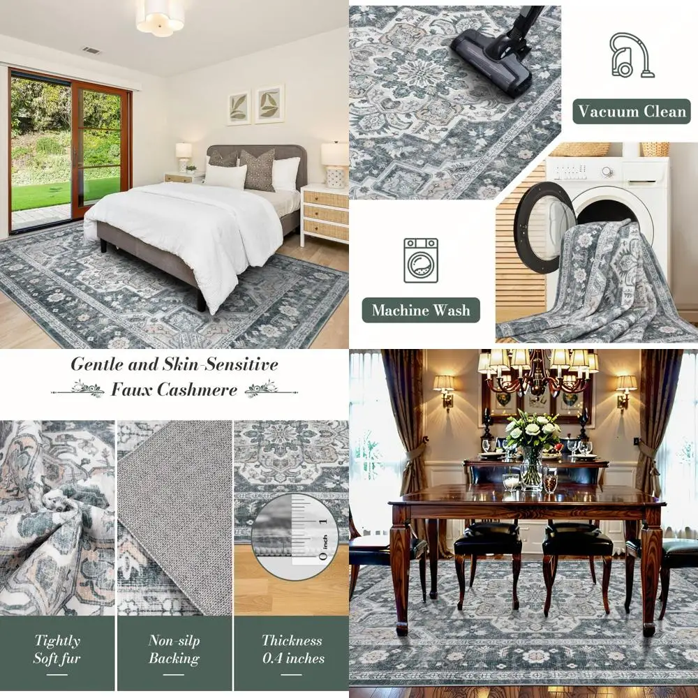 

8x10 Bohemian Chic Area Rug, Soft Low Pile, Washable, Non-Slip, Stain-Resistant Carpet for Living Spaces