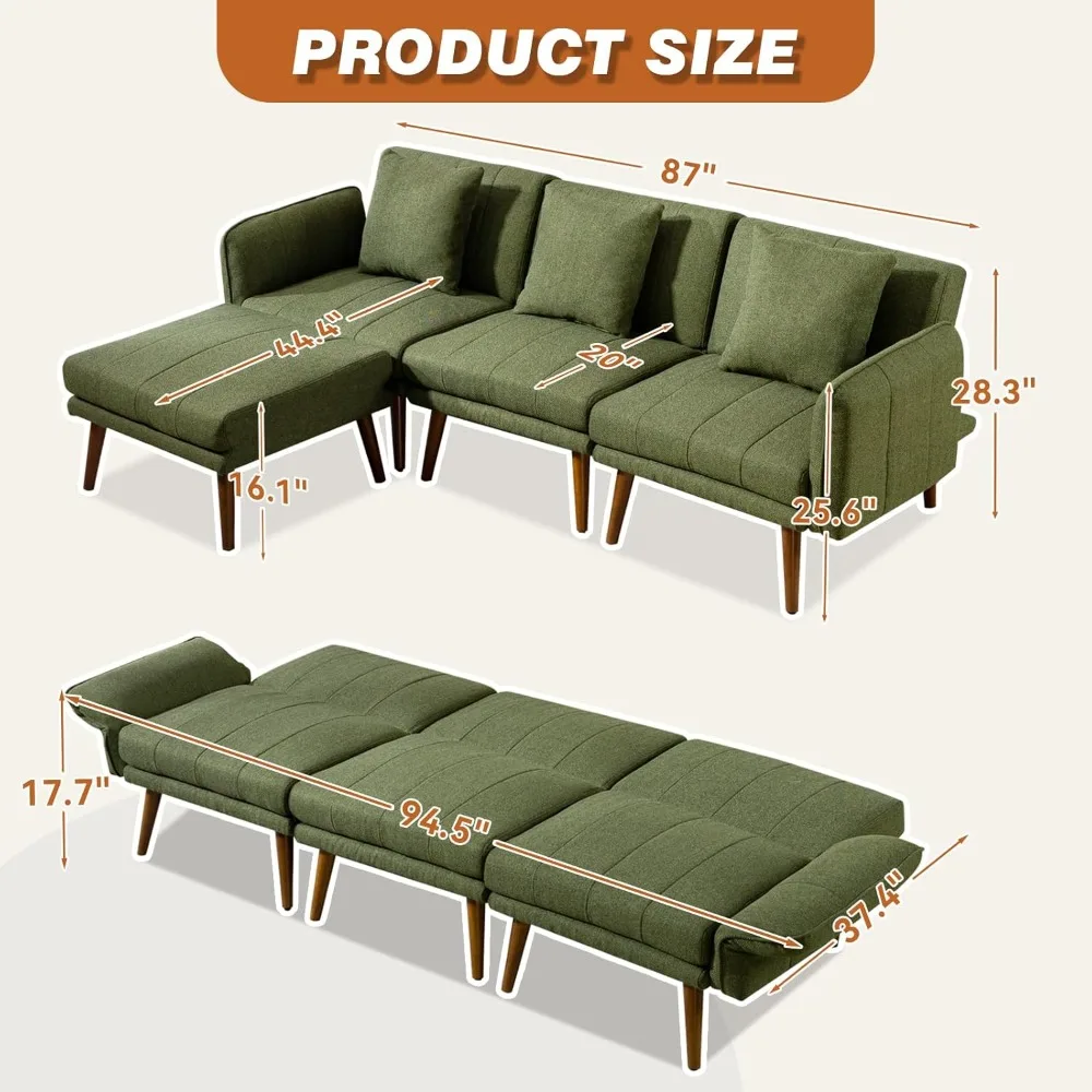 2-in-1 Sofa Bed L-shaped Linen Fabric Convertible Futon, with Adjustable Backrest and Armrests, 3 Pillows and Footstool