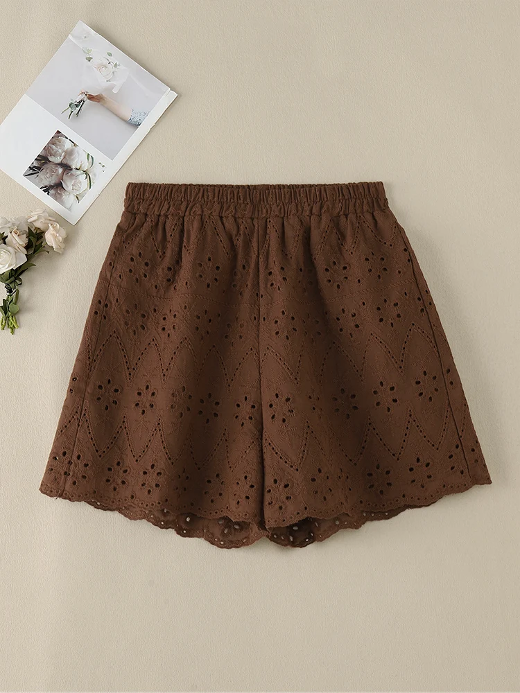 ZANZEA 2024 Summer Solid Shorts Casual Cotton Holiday Women Short Pants Elastic Waist Lined Openwork Embroidered Fashion Trouser