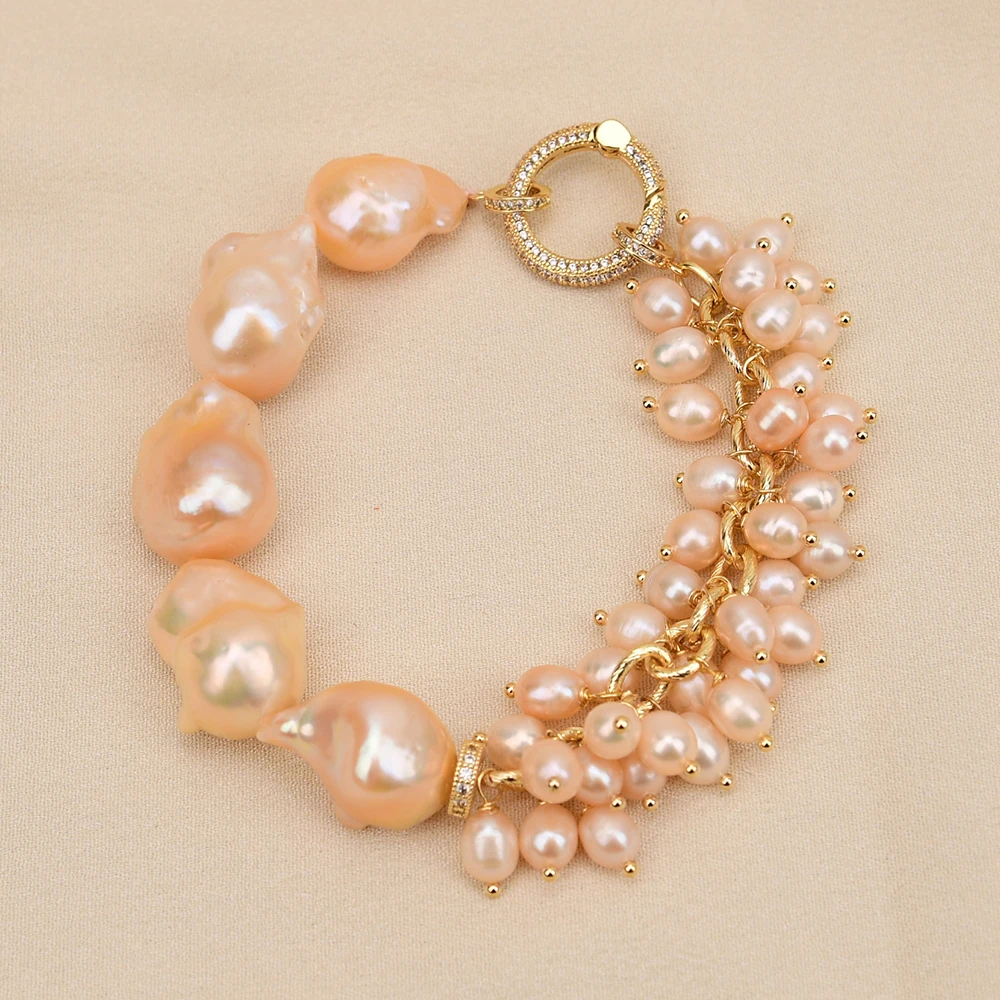 G-G Cultured Pink Color Rice Pearl Baroque Keshi Pearl Chain Bracelet Handmade Gifts For Women
