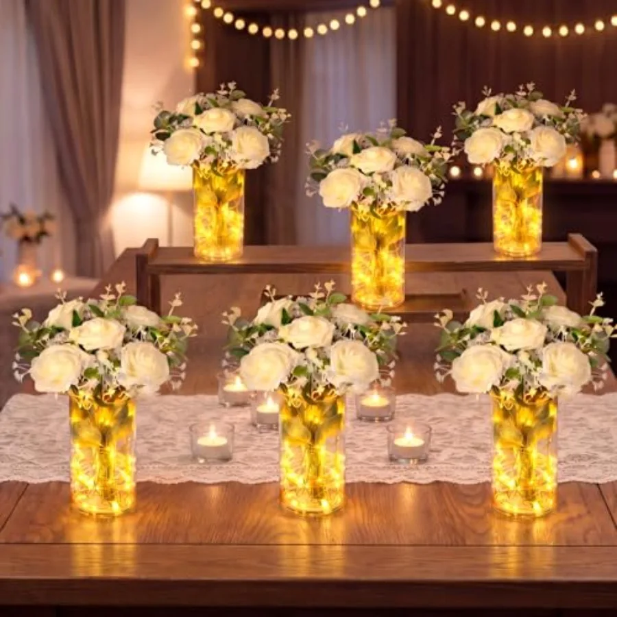

Set of 6 LED Lighted Floral Table Centerpieces, Faux Roses, Eucalyptus and Baby's Breath in Acrylic Vase, Glowing Rustic Weddin
