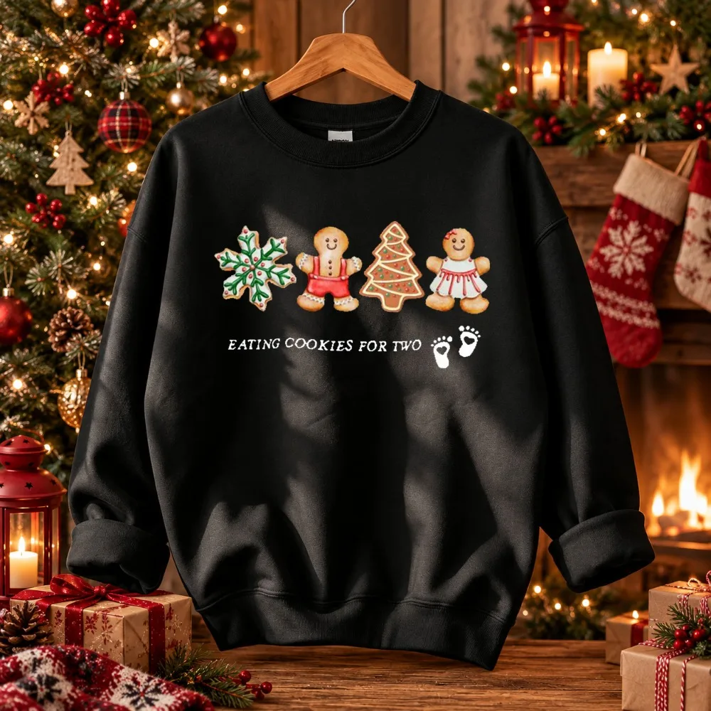 Eating Cookies For Two Womens Sweatshirt Cute Xmas Cookie Snowflake Footprint Winter Xmas Pullover Baby Announcement Gift